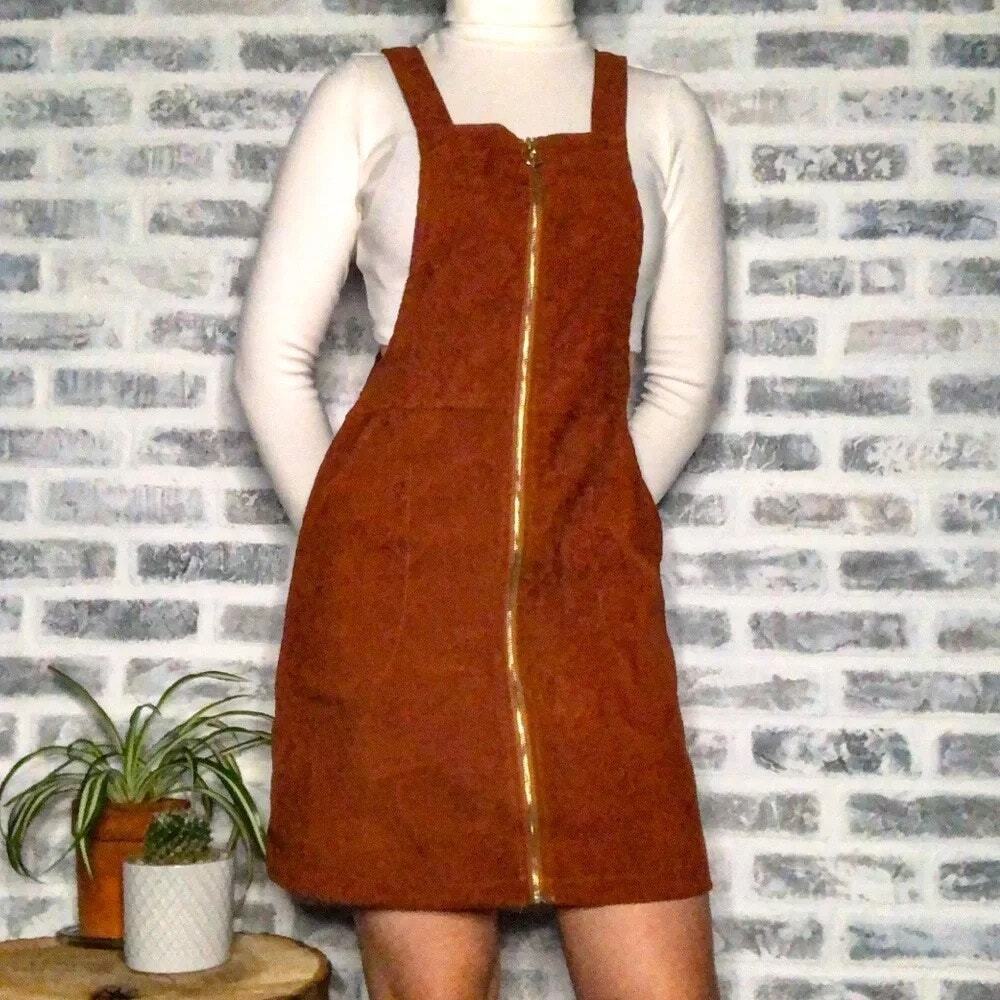 Rust Brown Corduroy Front Zip-Up Mini Overall Dress